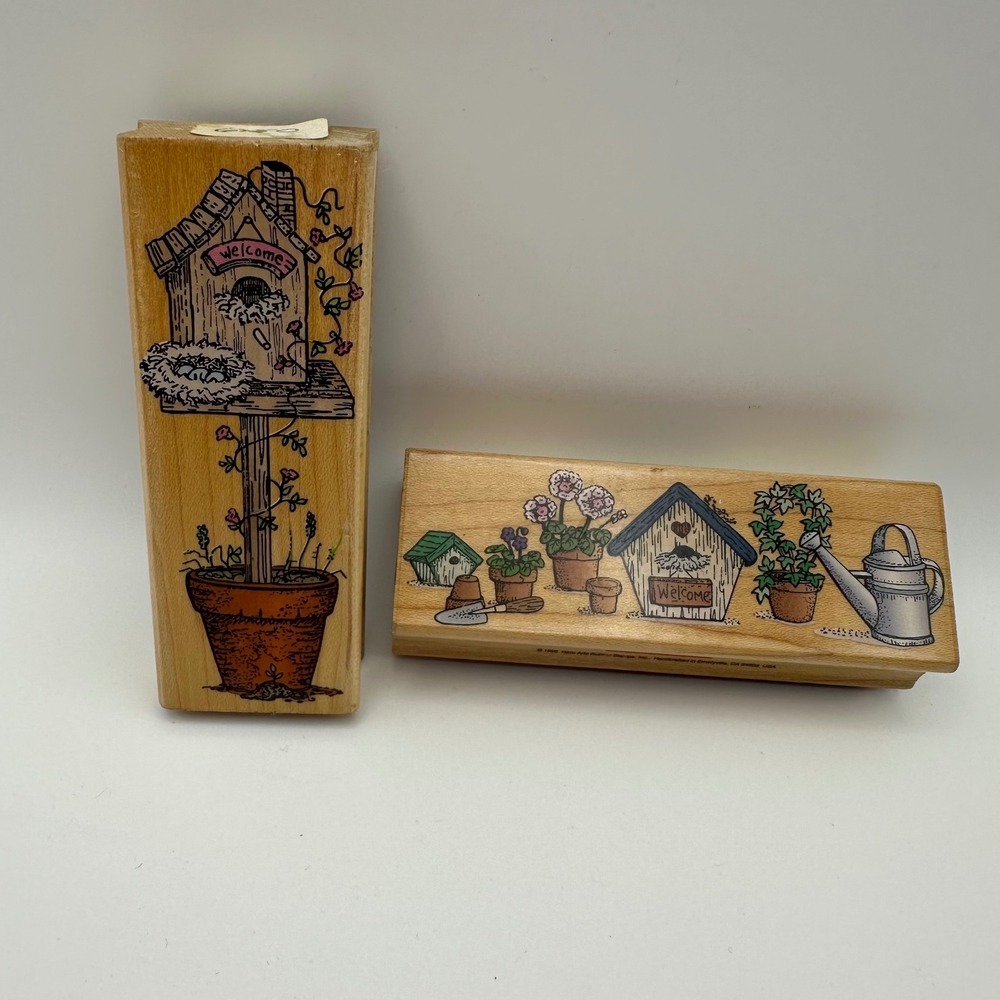 Hero Arts Tall Potted Birdhouse Border F1019 F1020 Wood Rubber Stamp Lot Vintage